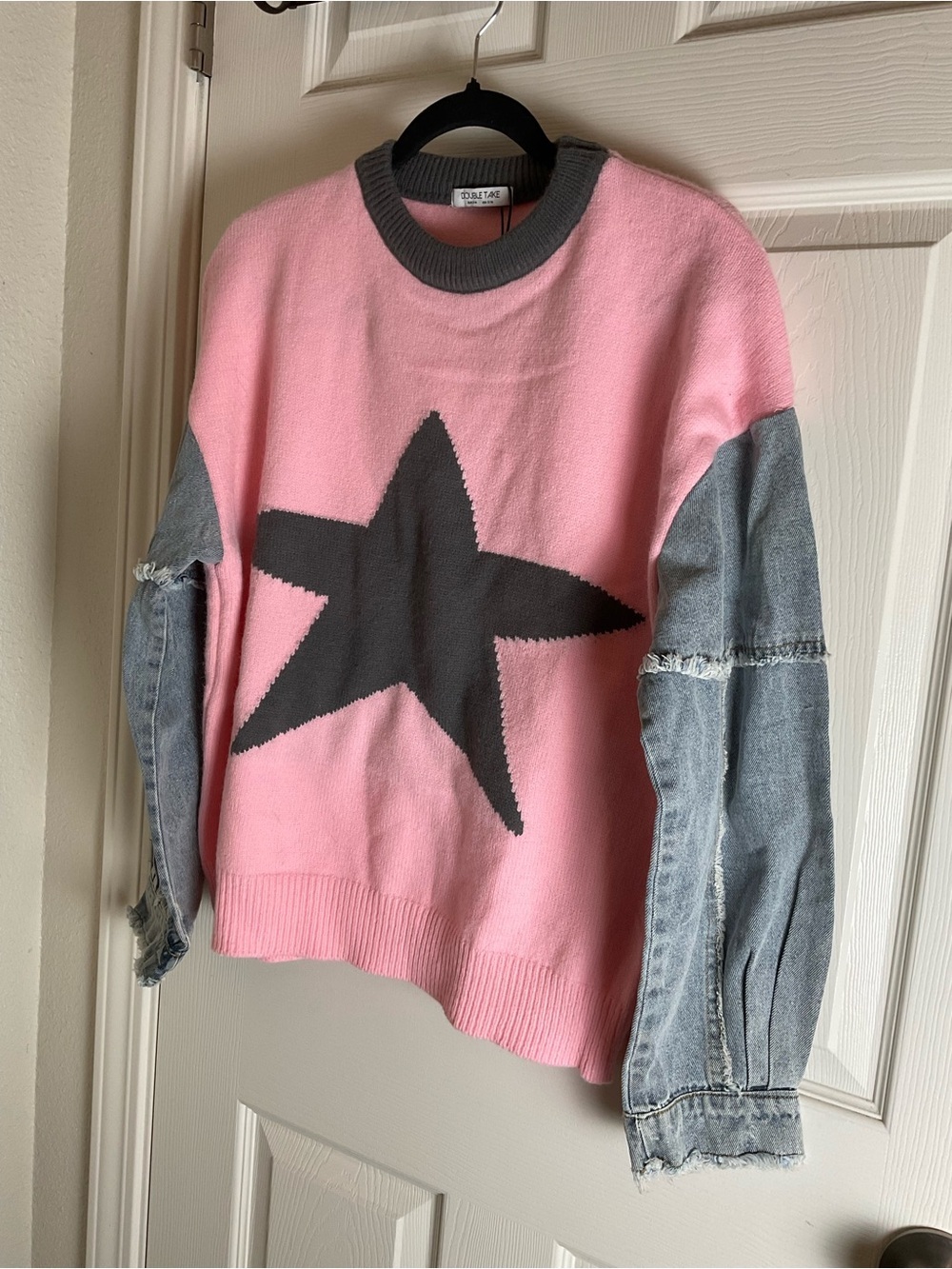 Double Take Star Knit Denim Sleeve Sweater Pink Grey S/M New - Picture 2 of 9